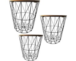 Set van 3 Stalen Bijzettafels Industrieel Ontwerp Messing Zwart Hout