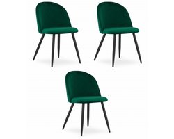 Set van 3 Stoelen BELLO - Groen Velvet, Zwarte Metalen Poten, Modern Design en Uitstekend Zitcomfort voor Woonkamer, Slaapkamer, Eetkamer of Kantoor, Max. 120 kg