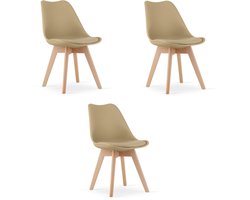 Set van 3 Stoelen MARK – Donkerbeige, Beukenhouten Poten, Kunststof Zitting met Kunstlederen Kussen, Strak Design, Ergonomisch, Geschikt voor Keuken, Eetkamer, Kantine en Werkruimte, Max. 120 kg