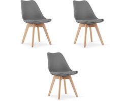 Set van 3 Stoelen MARK – Grafietgrijs, Beukenhouten Poten, Kunststof Zitting met Kunstlederen Kussen, Strak Design, Ergonomisch, Geschikt voor Keuken, Eetkamer, Kantine en Werkruimte, Max. 120 kg
