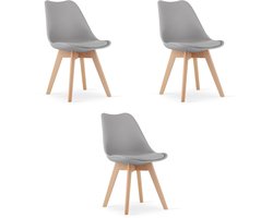 Set van 3 Stoelen MARK – Grijs, Beukenhouten Poten, Kunststof Zitting met Kunstlederen Kussen, Strak Design, Ergonomisch, Geschikt voor Keuken, Eetkamer, Kantine en Werkruimte, Max. 120 kg