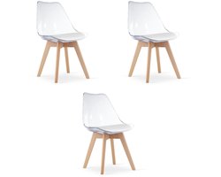 Set van 3 Stoelen MARK – Transparant, Beukenhouten Poten, Kunststof Zitting met Kunstlederen Kussen, Strak Design, Ergonomisch, Geschikt voor Keuken, Eetkamer, Kantine en Werkruimte, Max. 120 kg