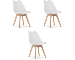 Set van 3 Stoelen MARK – Wit, Beukenhouten Poten, Kunststof Zitting met Kunstlederen Kussen, Strak Design, Ergonomisch, Geschikt voor Keuken, Eetkamer, Kantine en Werkruimte, Max. 120 kg