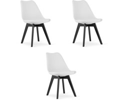 Set van 3 Stoelen MARK – Wit, Zwarte Poten, Kunststof Zitting met Kunstlederen Kussen, Strak Design, Ergonomisch, Geschikt voor Keuken, Eetkamer, Kantine en Werkruimte, Max. 120 kg