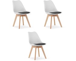 Set van 3 Stoelen MARK – Wit/Zwart, Beukenhouten Poten, Kunststof Zitting met Kunstlederen Kussen, Strak Design, Ergonomisch, Geschikt voor Keuken, Eetkamer, Kantine en Werkruimte, Max. 120 kg