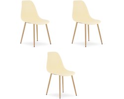 Set van 3 Stoelen WAT – Crème, Houtlook Metalen Poten, Kunststof Zitting – Modern en Ergonomisch – Geschikt voor Eetkamer, Woonkamer, Keuken, Thuiswerkplek, Kantine en Wachtruimte – Eenvoudige Montage