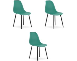Set van 3 Stoelen WAT – Groen, Zwarte Metalen Poten, Kunststof Zitting – Modern en Ergonomisch – Geschikt voor Eetkamer, Woonkamer, Keuken, Thuiswerkplek, Kantine en Wachtruimte – Eenvoudige Montage