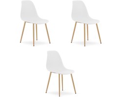 Set van 3 Stoelen WAT – Wit, Houtlook Metalen Poten, Kunststof Zitting – Modern en Ergonomisch – Geschikt voor Eetkamer, Woonkamer, Keuken, Thuiswerkplek, Kantine en Wachtruimte – Eenvoudige Montage