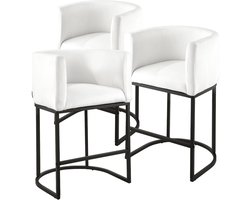Set Van 3 Tafelhoogte Barstoelen, 63cm Hoge Stoelen Met Rugleuning, Armleuningen, Metalen Frame en Voetsteun, Polsterde Accentbarstoelen voor Keuken Of Eetkamer, Wit