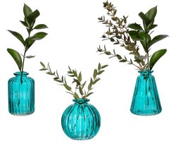 Set van 3 Turquoise Glas Bud Vazen