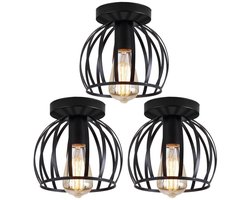 Set van 3 Vintage Plafondlamp Industriële E27 Hanglamp Kooivorm Plafonnière voor Slaapkamer Gang Balkon Zwart