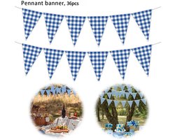 Set van 3 – Vlaggenlijnen – Driehoekige stoffen vlaggetjes – Feestdecoratie – Blauw-wit ruitpatroon – Geschikt voor barbecues, feestjes, picknicks, verjaardagen,nautische thema's
