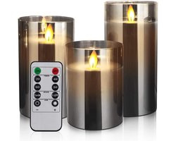 Set van 3 vlamloze kaarsen - Echte theelichten, grijze glazen zuilen, 10.2 cm/12.7 cm/15.2 cm, batterijbediend met afstandsbediening, realistisch flikkerende vlam lantaarnkaarsen.