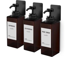 Set Van 3 Wandgemonteerde Zeepdispensers 500 ml met Labels Zonder Boren voor Keuken en Badkamer - Bruin