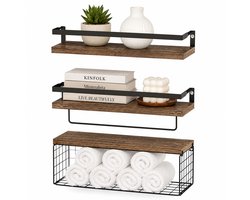 Set van 3 Wandplanken Houten Wandrek Zwevende Planken Voor Woonkamer Slaapkamer Badkamer Eetkamer Multifunctionele Wandopberger Metalen Beugels Amerikaanse Stijl
