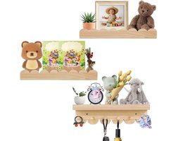Set van 3 wandrekken met schelpdesign, houten planken voor kinderkamer en woning, natuurlijke houtlook met kledinghaken - Opbergrekken en decoratie 40 x 12 cm