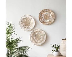Set van 3 wandschalen (Ø 30cm) | Wanddecoratie Manden Rotan Schaal | Zeegras Muurmand Muurmanden | Muurschaal schalen | Riet Rieten schaal set | Boho Decoratie Bohemian Kinderkamer | Bamboe Ibiza Modern Inrichting