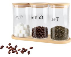 Set van 3 waterdichte glazen opbergdozen met houten deksel – suikerdoos, theedoos en koffiedoos – keukenorganizer met labels en dienblad inbegrepen voor een opgeruimde keuken