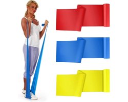 Set van 3 - Weerstandsbanden - Yogabanden - Rekbanden - Bodyshapingbanden - Geschikt voor beginners - Rek- en strektraining - Geschikt voor yoga, fitness, pilates, krachttraining en spieropbouw - 1500*150*0,35 mm - Rood + Blauw + Geel