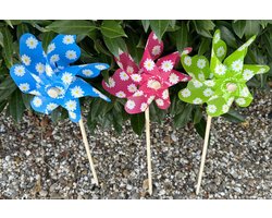 Set van 3 windmolens - kunststof+houten steker "bloem motief"- meerkleurig - blauw/roze/groen - dia 17 cm x hoogte 48 cm - Tuinaccessoires - tuinstekers