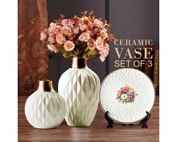 Set van 3 Witte Keramische Vazen Decoratie - Handgemaakt | Bloemenarrangementen Woonkamer en Tafel