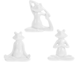 Set van 3 Witte Porseleinen Mediterende Kikker Beelden voor Ontspanning in Huis, Kantoor of Tuin - Zen Decoratie en Dieren Sculpturen