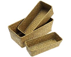Set van 3 Zeegras Opbergmand Geweven Zeegras Desktop Basket Rechthoekige Organisator Box Planken & Bureau Decoratieve Mand voor Zonnestoelen briefpapier Speelgoed Cosmetica Boeken Gift Basket (Natuurlijke Kleur)