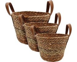 Set van 3 zeegras opbergmanden - 25 / 21 / 17 cm - multifunctionele mandenset met kunstleren handvatten - decoratieve mand
