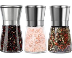 Set van 3 zout- en pepermolens - handmatige kruidenmolens - 180 ml - verstelbaar maalwerk - roestvrijstalen kop - glazen behuizing - specerijen - zout - peper