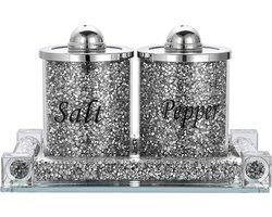 Set van 3 Zout- en Peperstrooiers met Dienblad - Glazen Kristal Geplette Diamanten Zout- en Peperbus Voorraadpotje Koken Kruidenpotje Keukenaccessoires