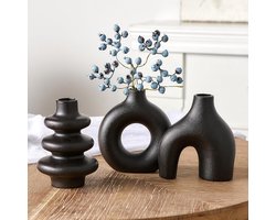Set van 3 Zwarte Keramische Vazen voor Pampasgras - Moderne Boho Decoratie voor Woonkamer en Bruiloft