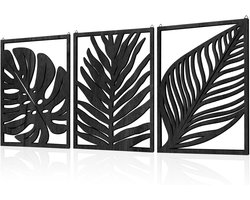 Set van 3 Zwarte Tropische Wanddecoraties, Minimalistische Berg Wandkunst, Abstracte Houten Wanddecoraties voor Woonkamer, Slaapkamer en Badkamer