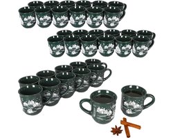 Set van 36 glühwein mokken in donkergroen met kerstlandschap 0,2 liter, gekalibreerd