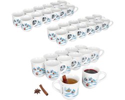 Set van 36 glühwein mokken in wit met kleurrijk kerstlandschap 0,2L gekalibreerd