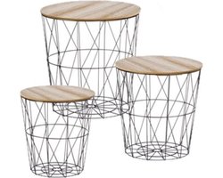 Set van 3x bijzettafels rond metaal/hout zwart/naturel 30/35/40 cm - Home Deco meubels en tafels