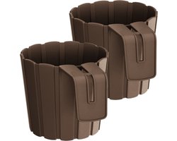 Set van 3x stuks kunststof balkon plantenpotten/bloempotten met haak bruin 14 cm - Tuin/balkon decoraties