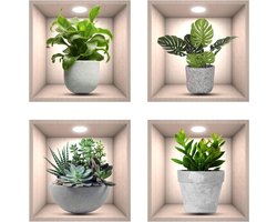 Set van 4 3D Planten Nis Wandstickers (30x30cm) – Realistische Planten in Betonlook Potten, Ruimtelijke Decoratie voor Woonkamer, Slaapkamer of Keuken