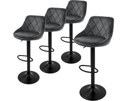 Set van 4 barkrukken grijs fluwelen bekleding met rugleuning en voetensteun in hoogte verstelbaar 62-82cm ML-Design
