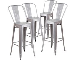 Set van 4 Barkrukken met Rugleuning - Metalen Barstoelen Binnen en Buiten - Zilver
