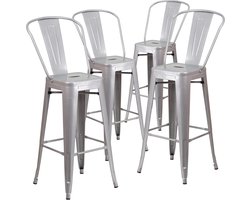 Set van 4 Barkrukken met Rugleuning - Metalen Barstoelen Binnen en Buiten - Zilver