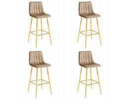 Set van 4 Barkrukken POZZA - Bruin Fluweel - Gouden Metalen Poten - Moderne Barkruk met Rugleuning