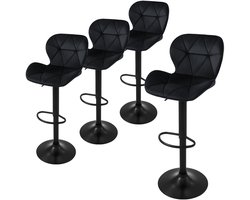 Set van 4 barkrukken zwart fluwelen bekleding met rugleuning en voetensteun in hoogte verstelbaar 59-79cm ML-Design