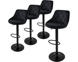 Set van 4 barkrukken zwart fluwelen bekleding met rugleuning en voetensteun in hoogte verstelbaar 62-82cm ML-Design