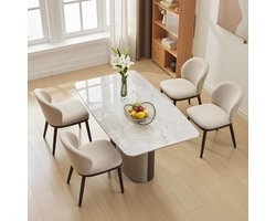 Set van 4 beige eetkamerstoelen met linnen bekleding en houten poten, ergonomische gebogen rugleuning, draagvermogen 136 kg, comfortabele stoelen voor eetkamer, keuken, woonkamer en restaurant