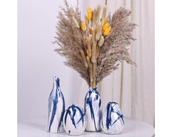 Set van 4 Blauwe en Witte Keramische Bud Vazen - Moderne Farmhouse Navy Blue Decoratieve Kleine Vazen voor Thuis - Kantoor - Woonkamer - Tafeldecoratie - Ideale Centerpiece voor Bloemen - Planken en Decoratie