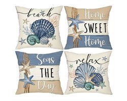 Set van 4 Blauwe Oceaan Zeester Kussenhoezen 45x45 cm – Retro Schelp Woondecoratie - Kussensloop (Zonder Vulling)