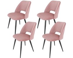 Set van 4 Corduroy Eetkamerstoelen met Dikke Kussens in Roze voor Eethoek en Woonkamer