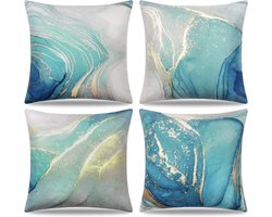 Set van 4 Decoratieve Kussenslopen 45x45 cm Marmer Textuur in Turquoise en Goud voor Sofa en Woondecoratie