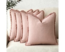 Set van 4 decoratieve linnen sierkussenhoezen met franjes. Gezellige boho-stijl kussenhoes met kwastjes. Zachte sierkussenhoes voor bank, fauteuil, bed, woonkamer en andere woonaccessoires,lichtroze,30*50cm