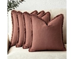 Set van 4 decoratieve linnen sierkussenhoezen met franjes. Gezellige boho-stijl kussenhoes met kwastjes. Zachte sierkussenhoes voor bank, fauteuil, bed, woonkamer en andere woonaccessoires,Bruinrood,30*50cm